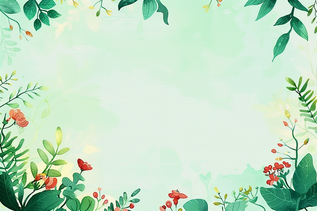 绿色春天植物花朵背景手绘插画图片