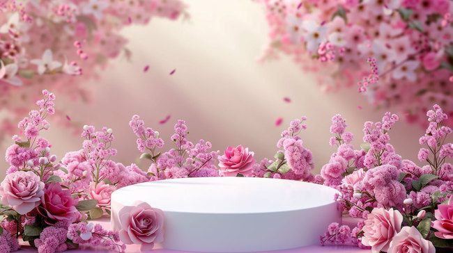 春天温暖蔷薇圆台合成创意素材背景图片