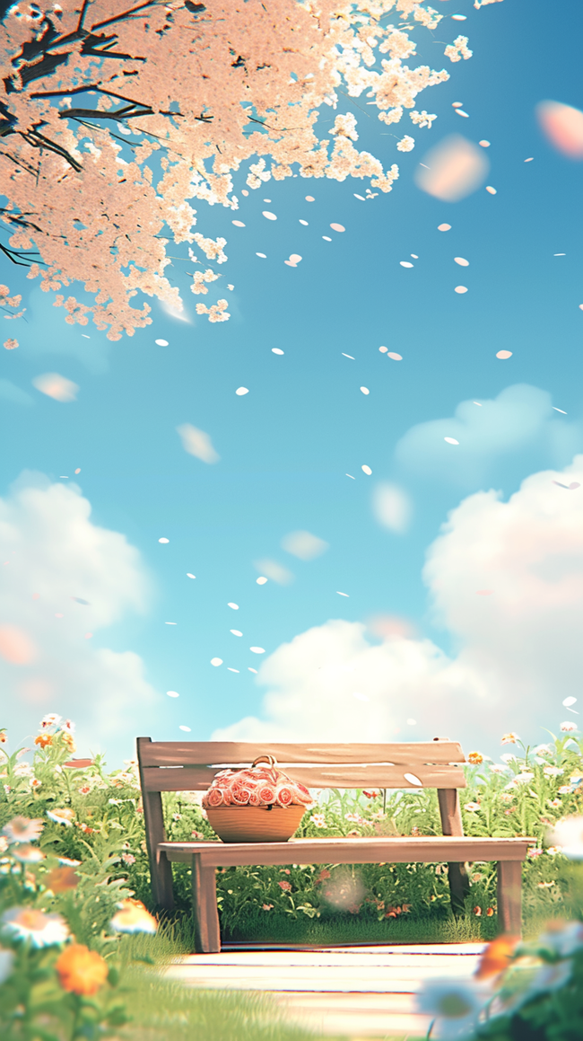 清新春光春天公园长凳上的花篮背景图片