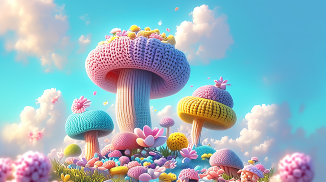 春天可爱卡通毛线蘑菇童话蘑菇屋背景图图片