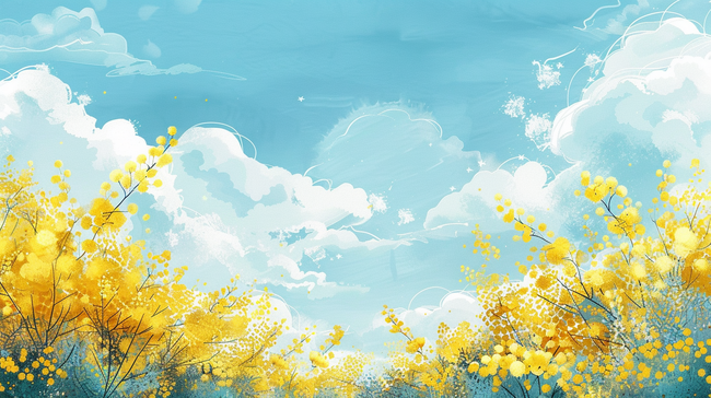 蓝天白云田野黄色花朵装饰背景图片