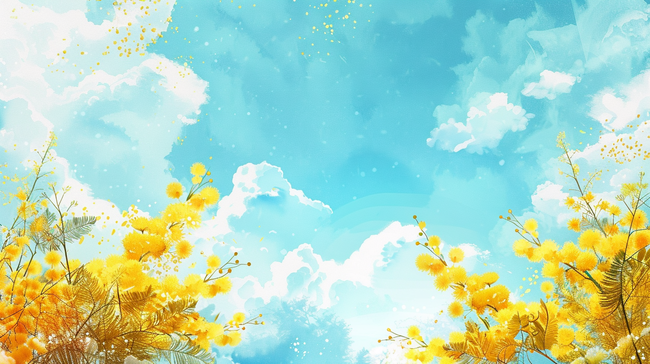 蓝天白云田野黄色花朵装饰背景图片