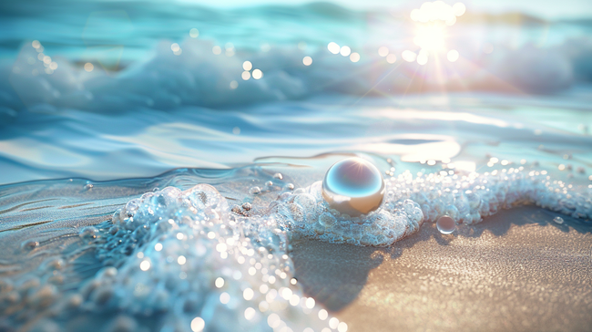 蓝色唯美大海海边沙滩上水晶球的背景图片