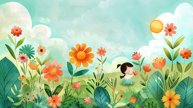 彩色缤纷梦幻户外唯美卡通女孩花朵花丛背景图片