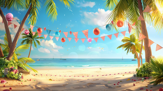 彩色唯美手绘三亚景区大海沙滩灯光彩色背景图片