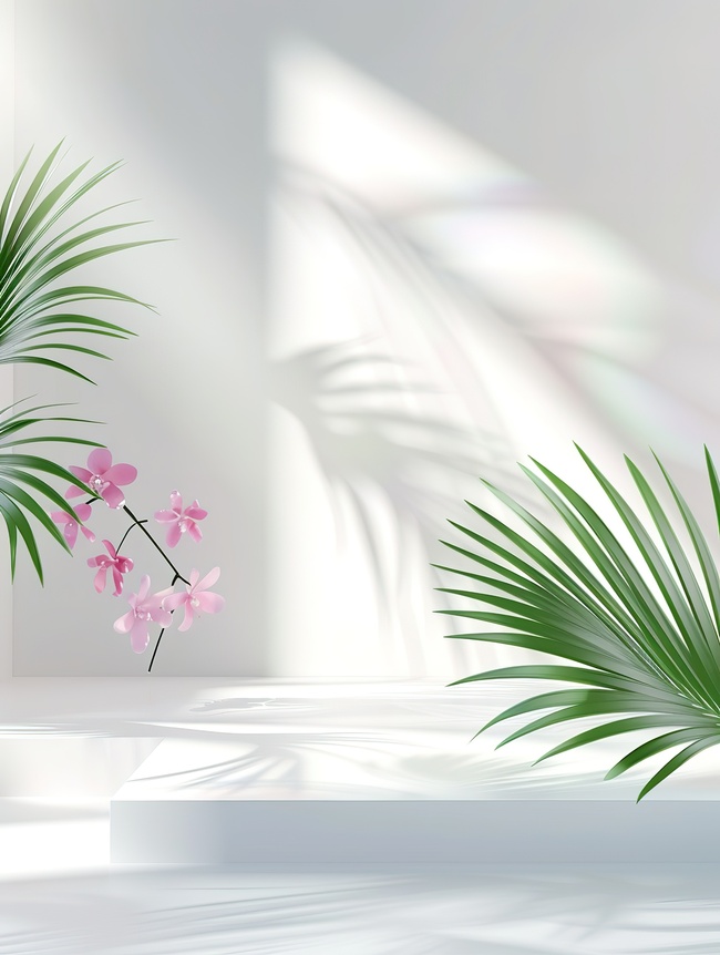 空荡荡的房间鲜花和棕榈叶的影子背景素材图片