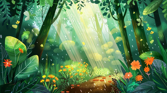 绿色卡通森林雨季下雨花草风景的背景图片