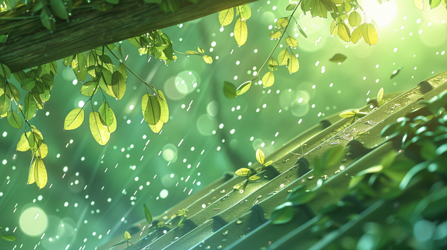 绿色森林里雨季下雨树叶树枝风景的背景图片