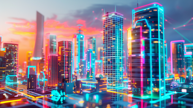 霓虹灯下城市模型光效背景图片