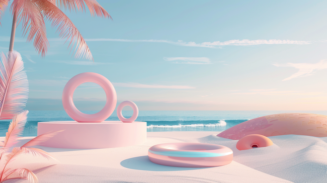 夏天粉色清新沙滩上的3D电商展台图片图片