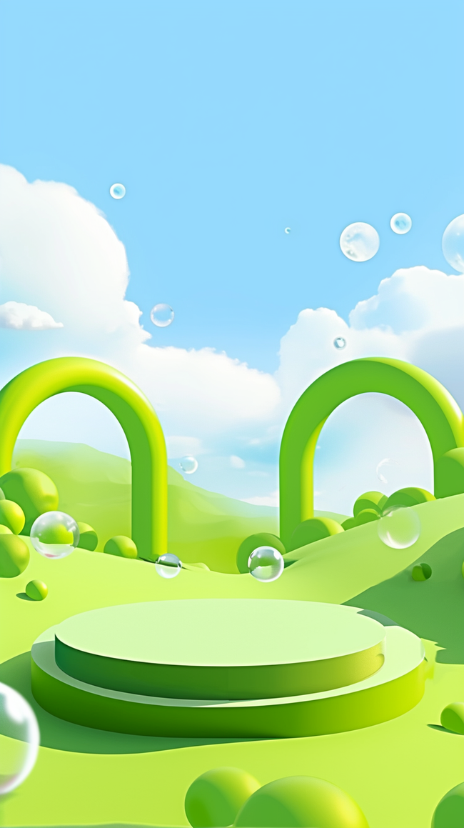 绿色夏天户外可爱卡通3D拱形展台背景图片图片