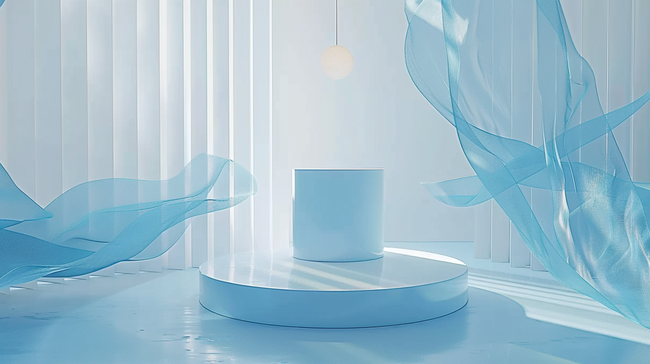蓝色长虹玻璃飘窗轻纱飘带3D展台背景素材图片