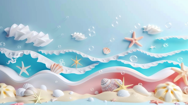 清新夏天促销场景3D海滩海星波浪素材图片