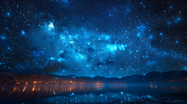 海边蓝色夜空的星光闪闪的天河背景图片