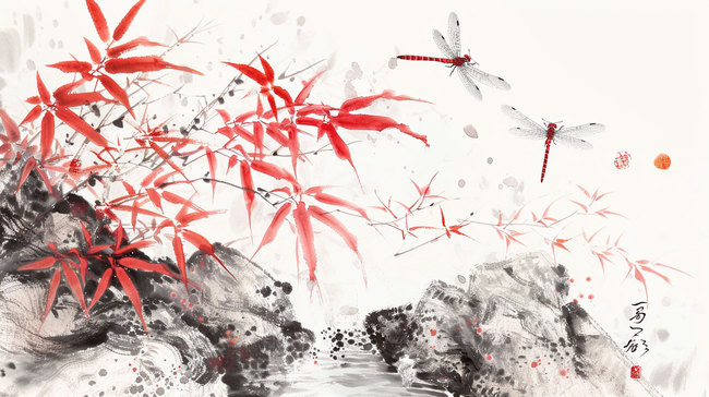 竹子蜻蜓水墨合成创意素材背景图片