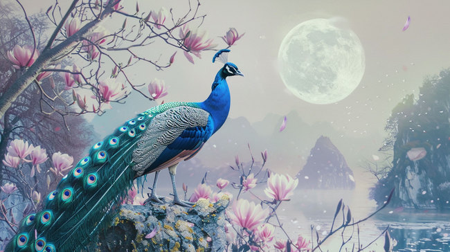 孔雀明月花朵合成创意素材背景图片