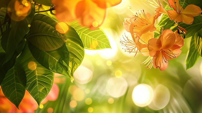 夏天阳光照射下花草树叶花朵的背景图片