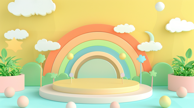 六一儿童节促销清新黄色3D彩虹展台设计图片