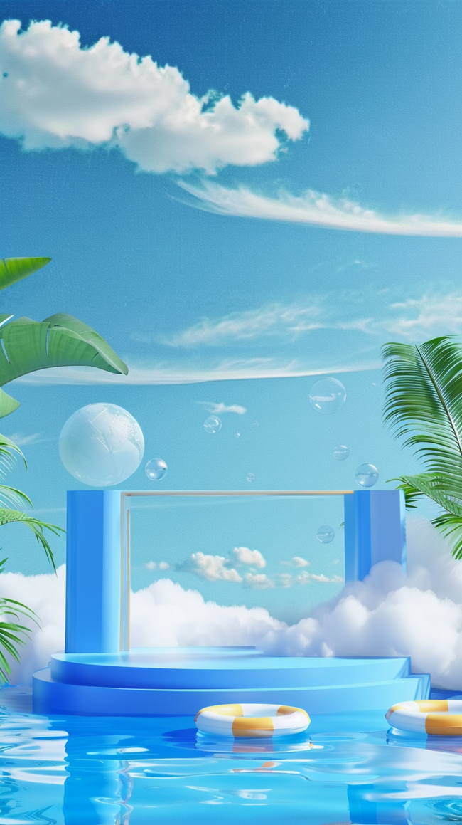 蓝色清凉夏天泳池场景产品展示台背景图图片