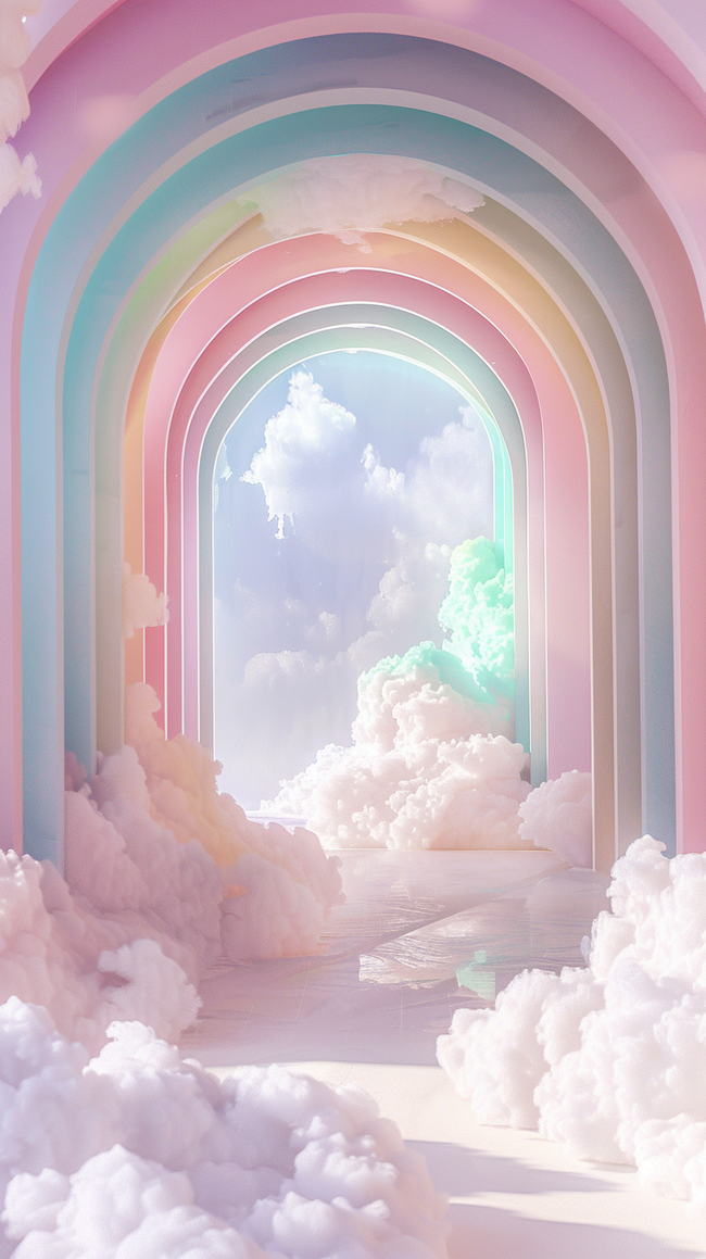 蓝粉色梦幻玻璃拱门概念空间场景设计图片
