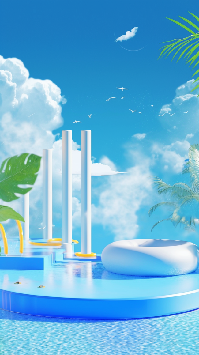 蓝色清凉夏天泳池场景产品展示台设计图片