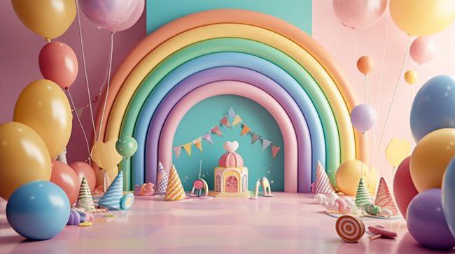 六一儿童节3D彩虹城堡气球展台背景图片图片