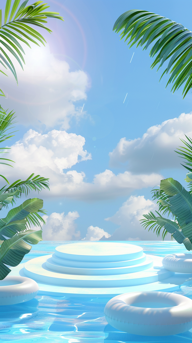 蓝色清凉夏天泳池场景产品展示台背景素材图片
