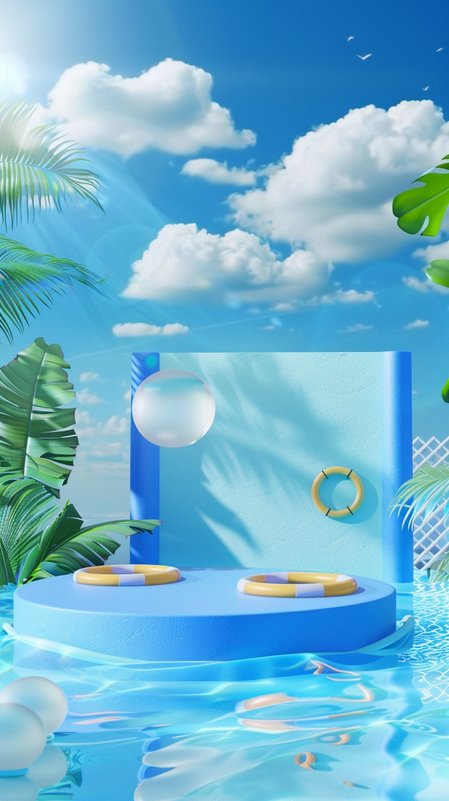 蓝色清凉夏天泳池场景产品展示台背景图片图片