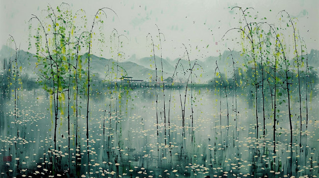 柳树河流春天合成创意素材背景图片