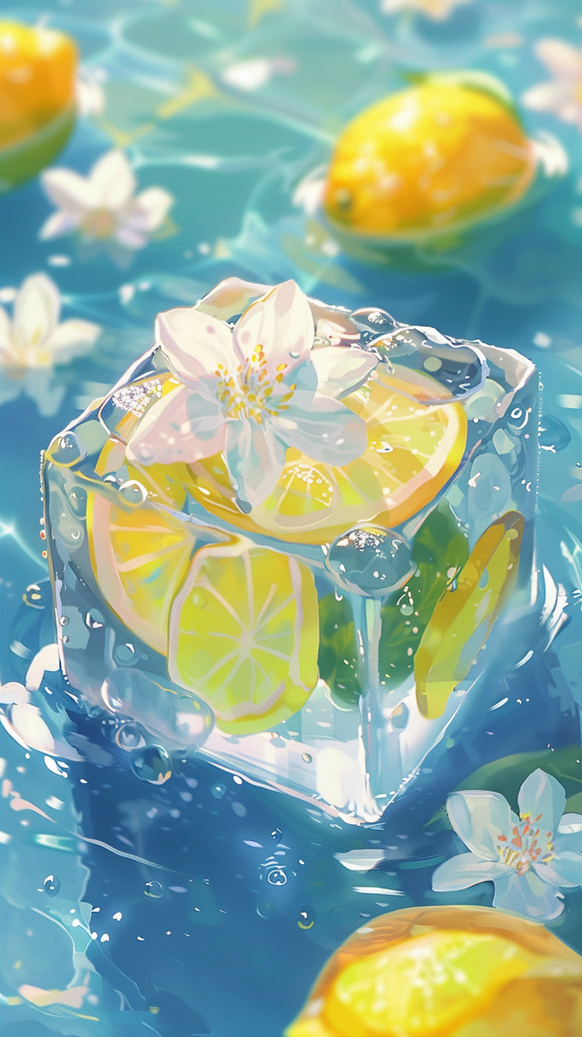 夏日清新可爱冰块里的柠檬花朵图片图片