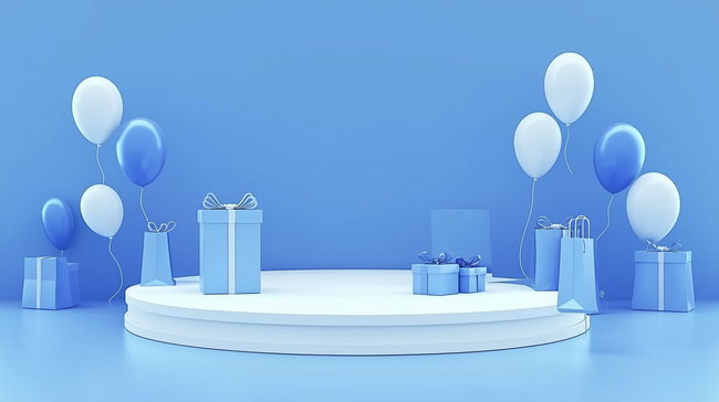 蓝色父亲节促销蓝色气球产品展示台背景素材图片