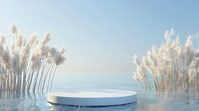清爽蓝色夏日白色沙滩上的电商展台背景图图片