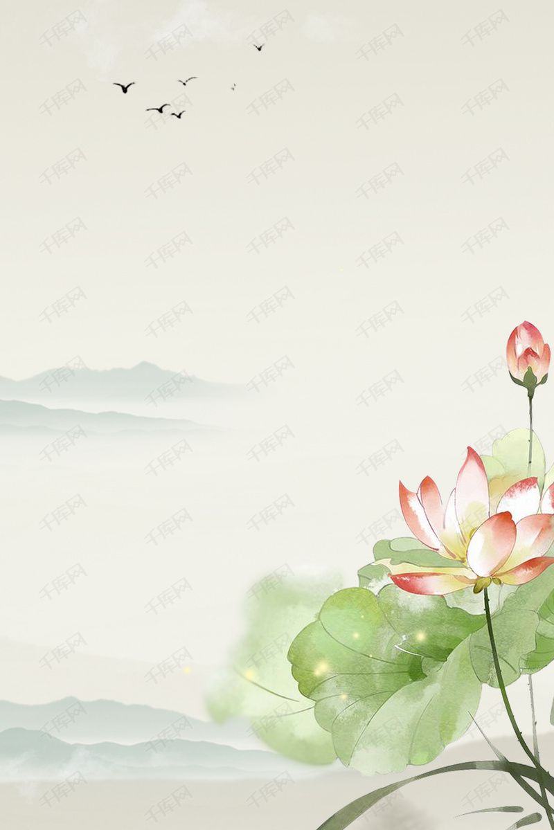 古风山水手绘荷花电商淘宝背景H5背景图片免
