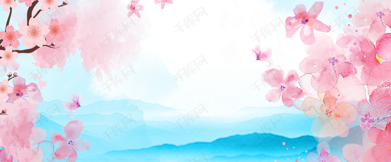 唯美樱花节古风浪漫蓝色水彩背景图片免费下载