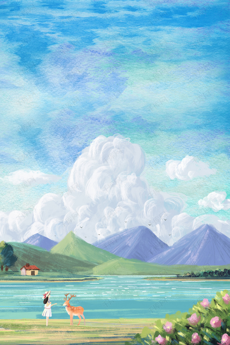 油画乡村风景蓝色简约背景