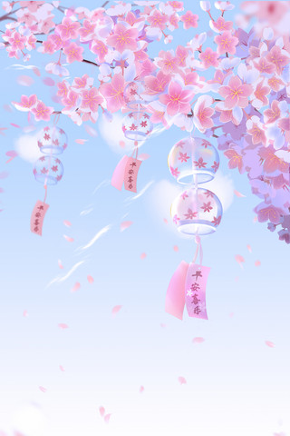 樱花壁纸海报模板_春天的樱花天空插画