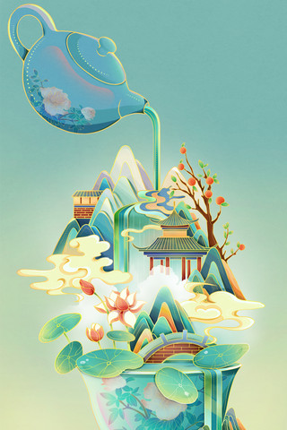 荷叶上滚动的露珠海报模板_国潮盆微景观春茶茶园茶艺茶水插画