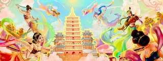 古代福船海报模板_国潮中国古代天宫仙女插画场景