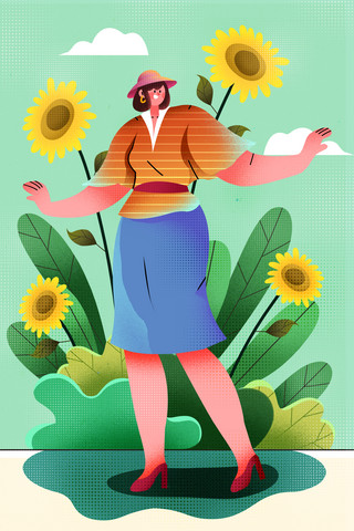植物扁平风海报模板_扁平风夸张人物插画绿色花朵春天