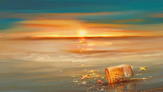 落日集市海报模板_光感水世界海滩夕阳落日沙滩速涂插画