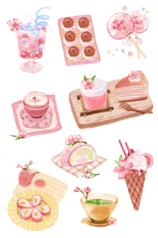 春天水彩樱花系列甜点美食