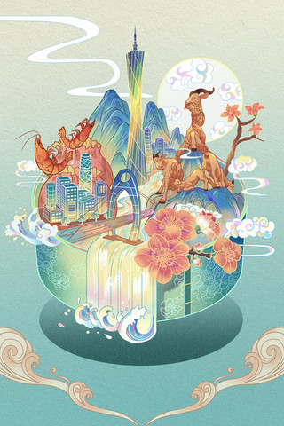 广州东塔西塔海报模板_国潮广州羊城建筑城市地标插画