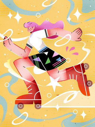 雪糕夏季海报模板_夏日糖果色扁平夸张人物滑轮插画