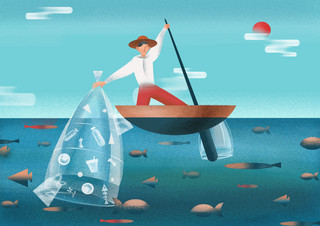 世界地球日保护海洋生态环保捕捞垃圾插画
