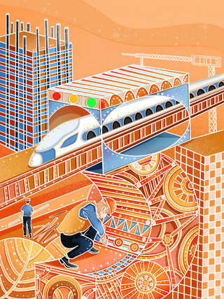 火车在桥海报模板_五一劳动节国潮插画建筑工人地铁高铁火车运输
