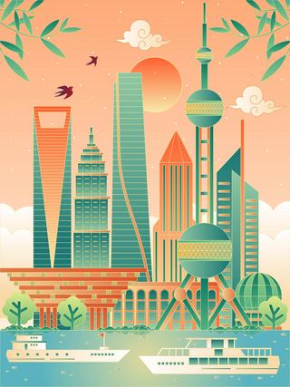 创意科技城市海报模板_国潮城市上海建筑群矢量插画