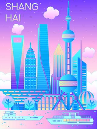 移动网络现代科技海报模板_上海城市建筑群渐变矢量插画