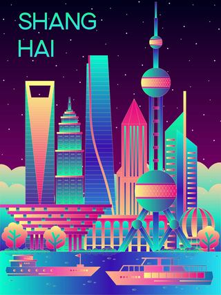 网格线矢量海报模板_上海城市建筑群夜景矢量插画