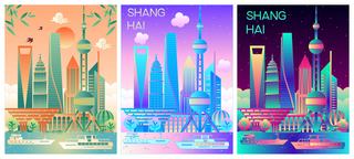 高楼大厦插画海报模板_上海城市建筑群矢量扁平插画