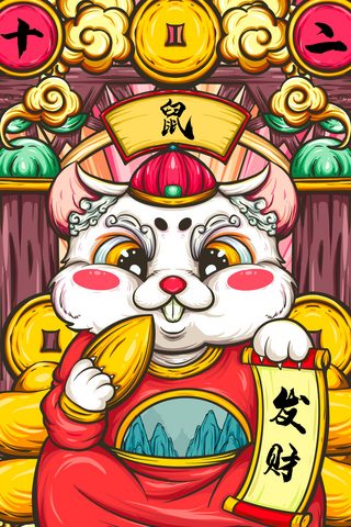 鼠年新春快乐牌海报模板_中国十二生肖国潮风插画子鼠